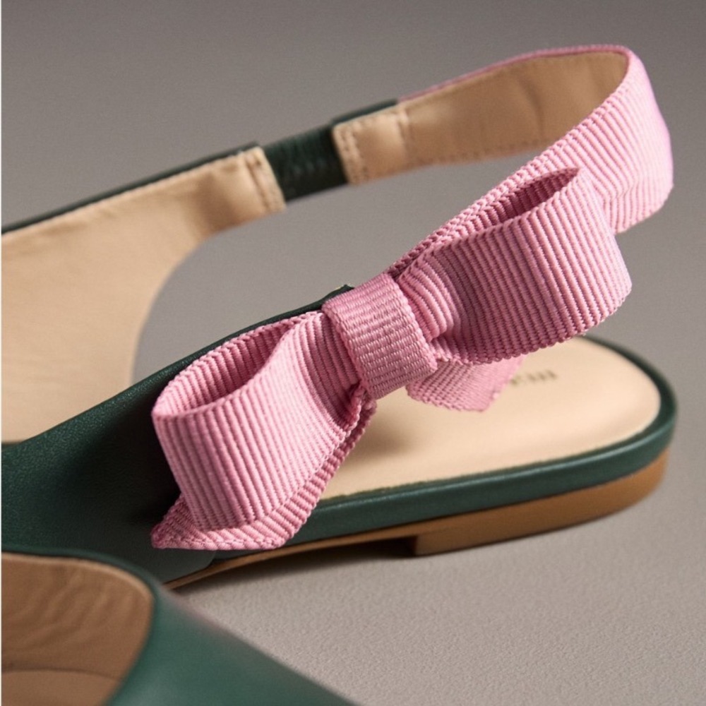 NWT Maeve Side-Bow Slingback Pointed Toe Flats 8 Green Leather Pink Bow Ballet - Picture 3 of 12